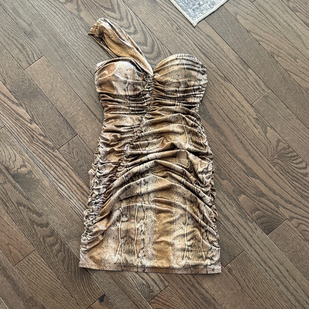 Baby Phat One-Shoulder Ruched Snake-Print Mini Dress in Brown